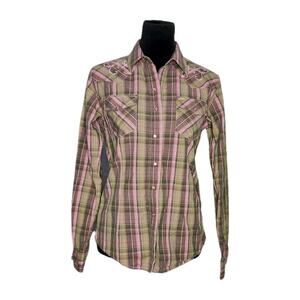 Ransom Ranch Western Shirt M Pink Plaid Pearl Snap Rodeo Cowgirl embroidered